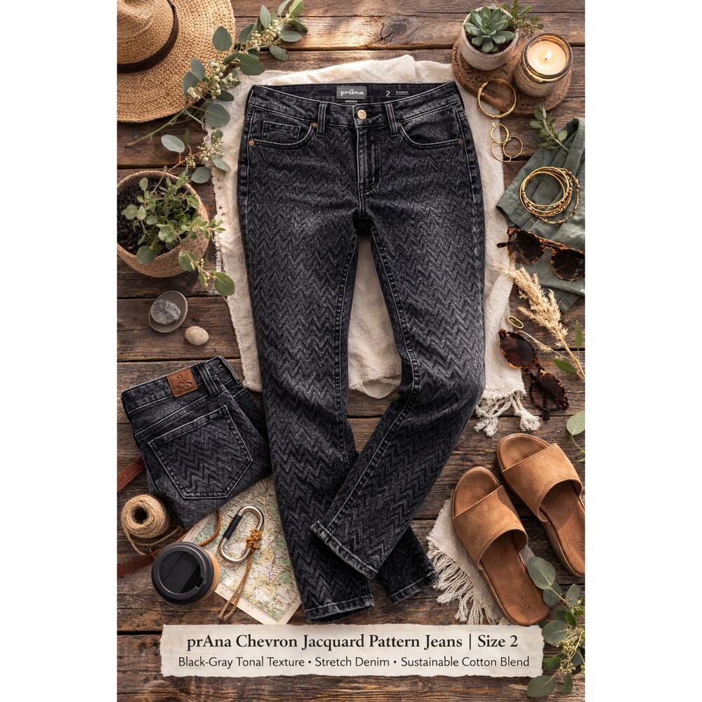 prAna Jacquard Pattern Jeans 2 Black Gray Chevron Denim Stretch‎ Sustainable